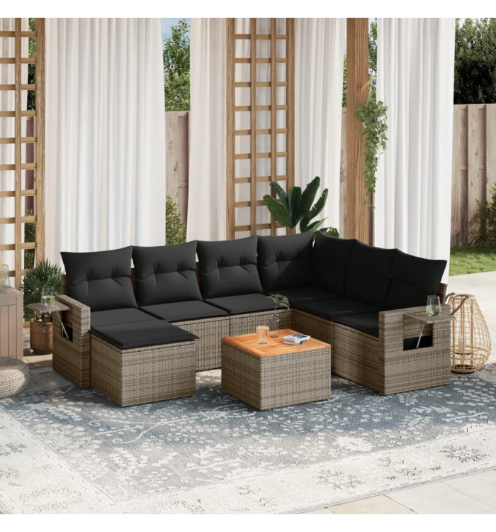 Salon de jardin 8 pcs avec coussins gris résine tressée | Mobilier & Déco