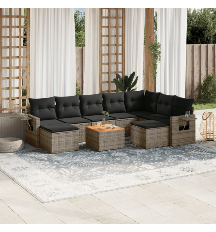 Salon de jardin avec coussins 10 pcs gris résine tressée | Mobilier & Déco