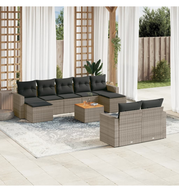 Salon de jardin avec coussins 10 pcs gris résine tressée | Mobilier & Déco