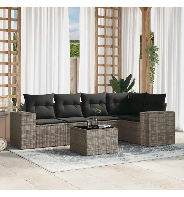 Salon de jardin 6 pcs avec coussins gris résine tressée | Mobilier & Déco