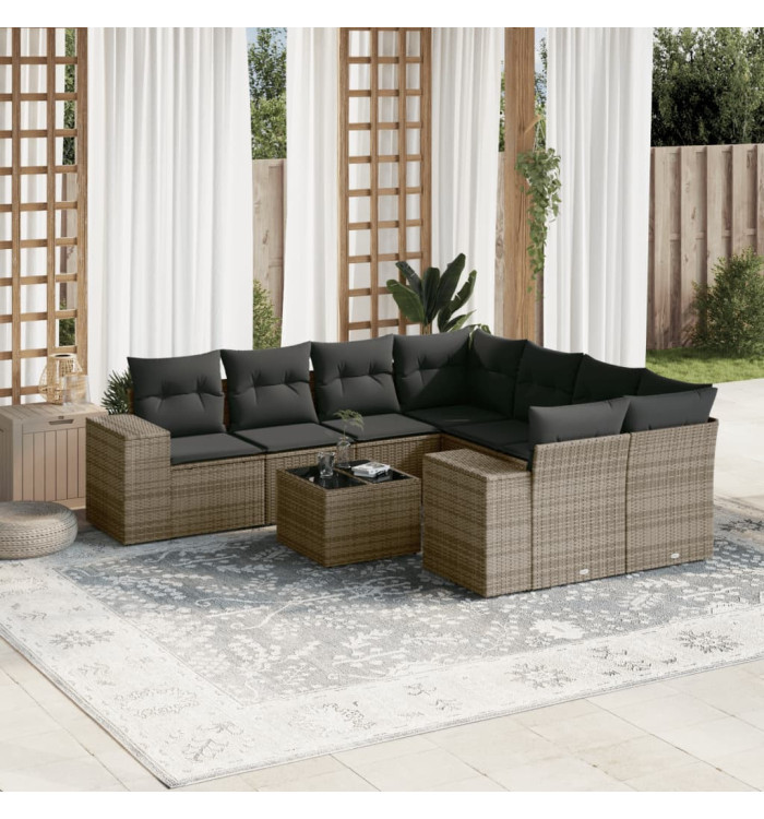 Salon de jardin 9 pcs avec coussins gris résine tressée | Mobilier & Déco
