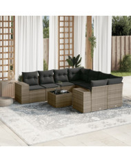 Salon de jardin 9 pcs avec coussins gris résine tressée | Mobilier & Déco