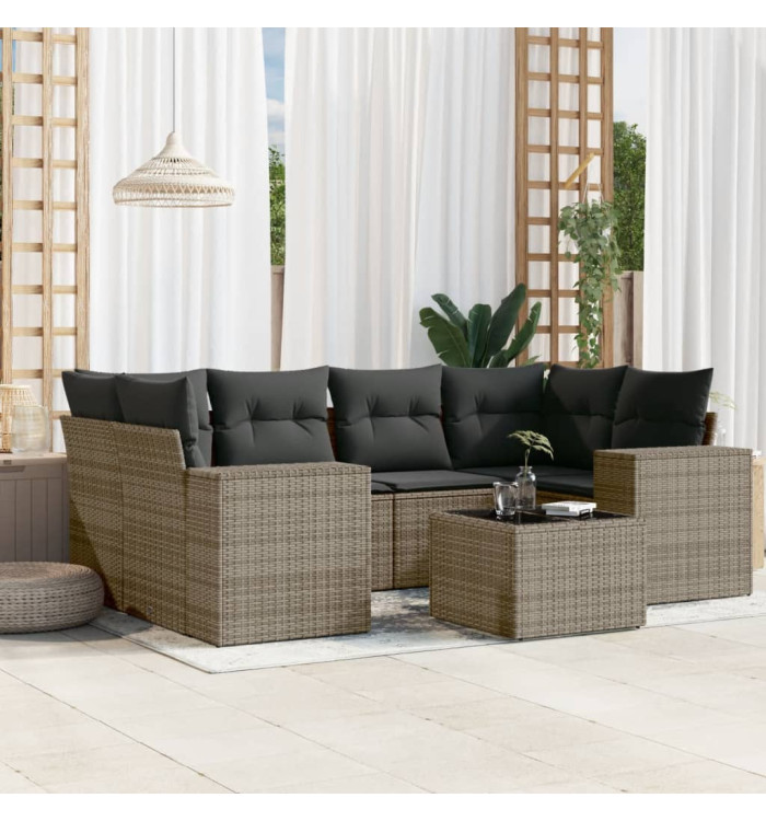 Salon de jardin avec coussins 7 pcs gris résine tressée | Mobilier & Déco