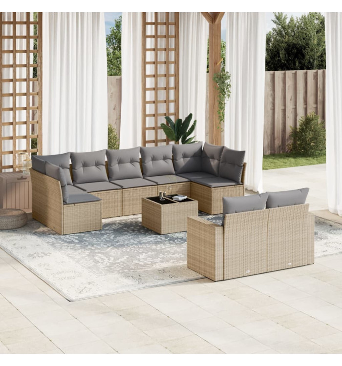 Salon de jardin avec coussins 10 pcs beige résine tressée | Mobilier & Déco