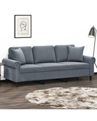 Canapé 3 places avec oreillers gris foncé 180 cm velours | Mobilier & Déco