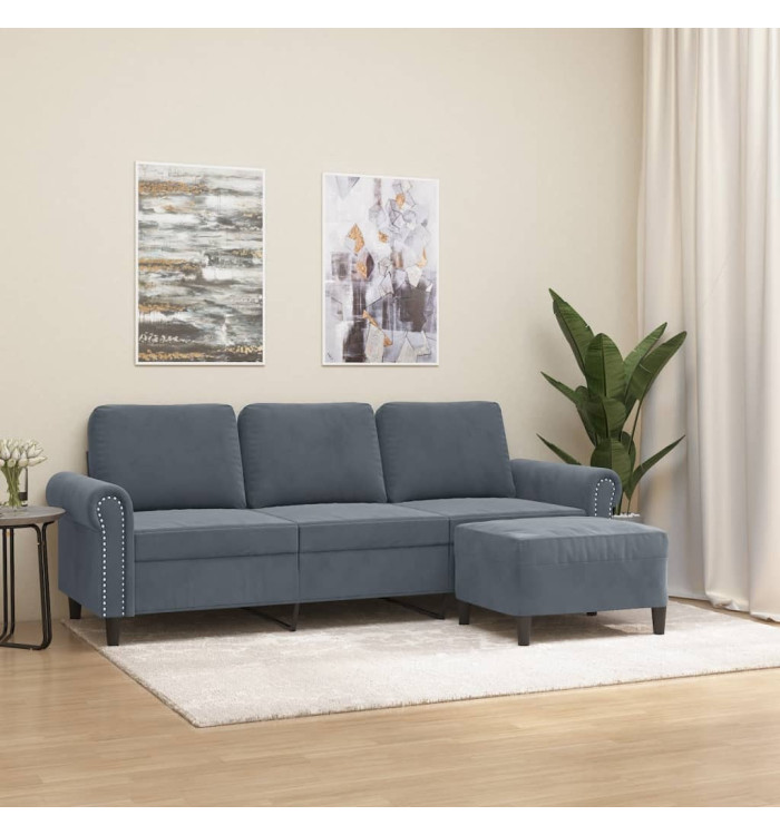Canapé à 3 places avec repose-pieds Gris foncé 180 cm Velours | Mobilier & Déco