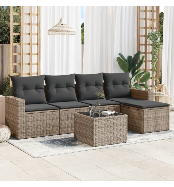 Salon de jardin 6 pcs avec coussins gris résine tressée | Mobilier & Déco