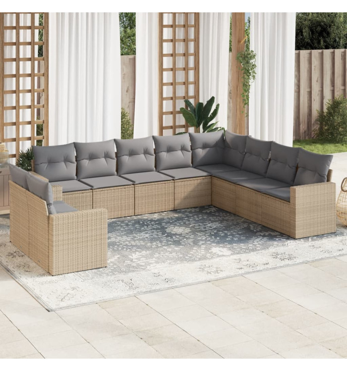 Salon de jardin avec coussins 10 pcs beige résine tressée | Mobilier & Déco