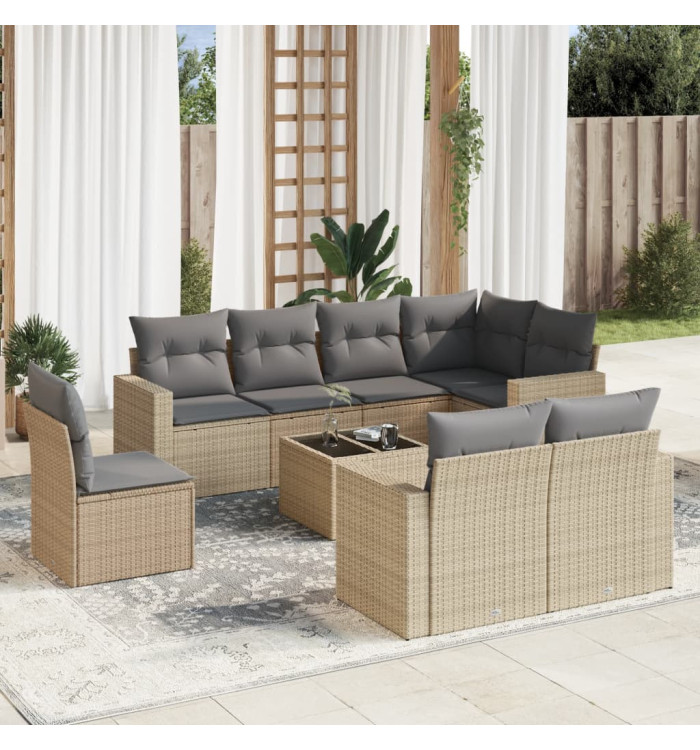 Salon de jardin avec coussins 9 pcs beige résine tressée | Mobilier & Déco