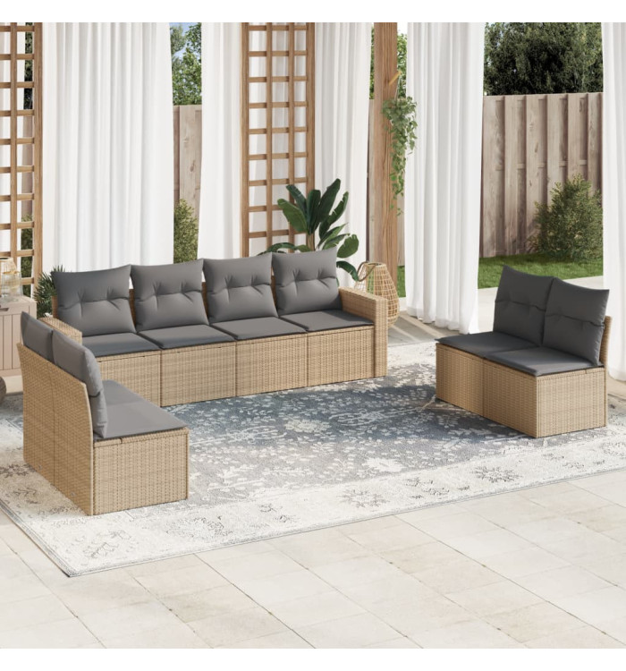 Salon de jardin avec coussins 8 pcs beige résine tressée | Mobilier & Déco