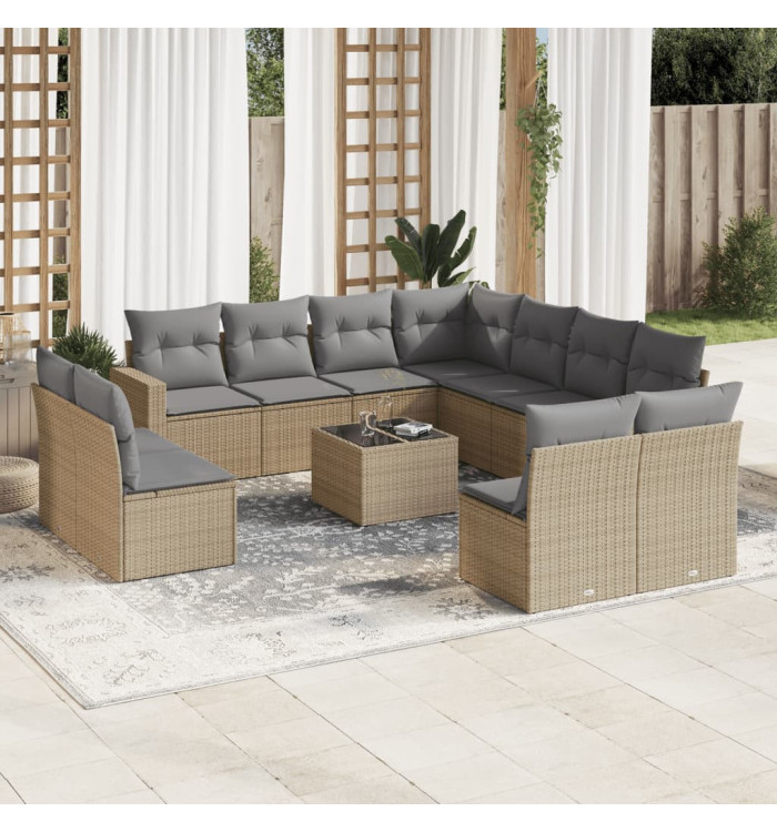 Salon de jardin avec coussins 12 pcs beige résine tressée | Mobilier & Déco