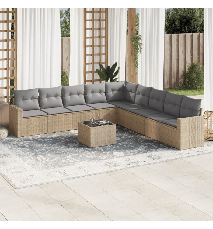 Salon de jardin avec coussins 10 pcs beige résine tressée | Mobilier & Déco