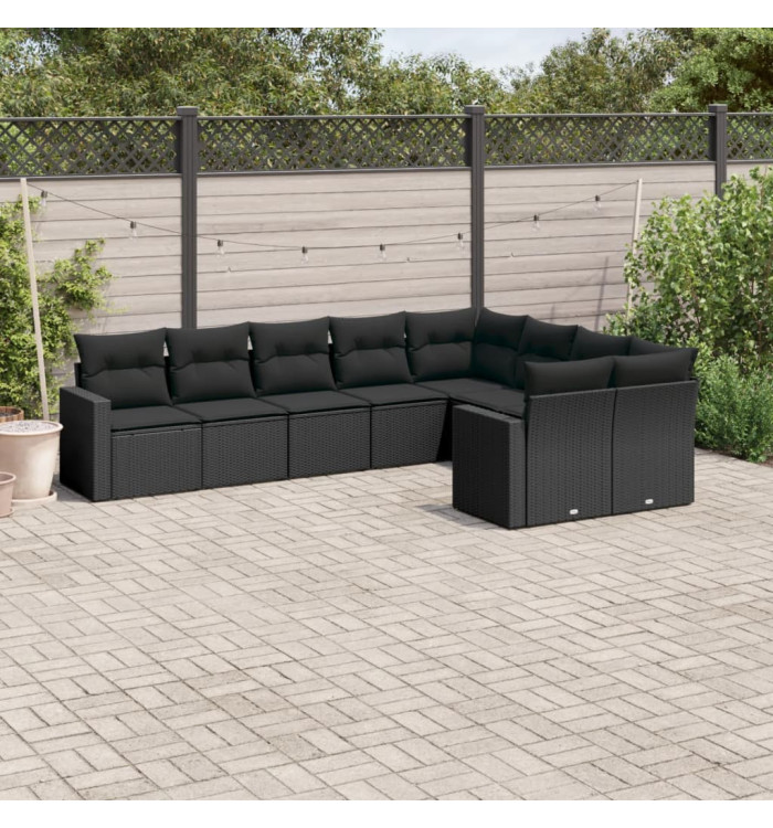 Salon de jardin 9 pcs avec coussins noir résine tressée | Mobilier & Déco