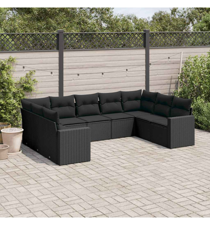 Salon de jardin 9 pcs avec coussins noir résine tressée | Mobilier & Déco