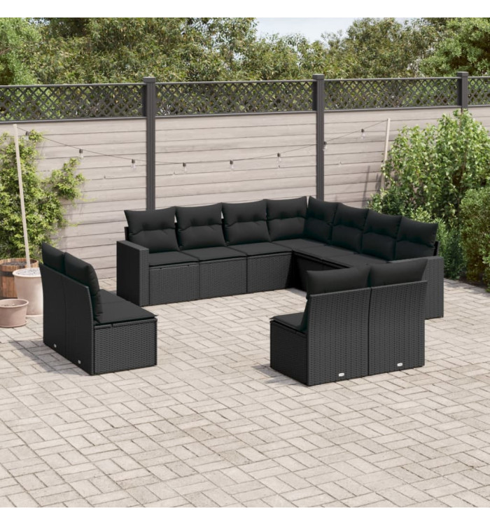 Salon de jardin 11 pcs avec coussins noir résine tressée | Mobilier & Déco