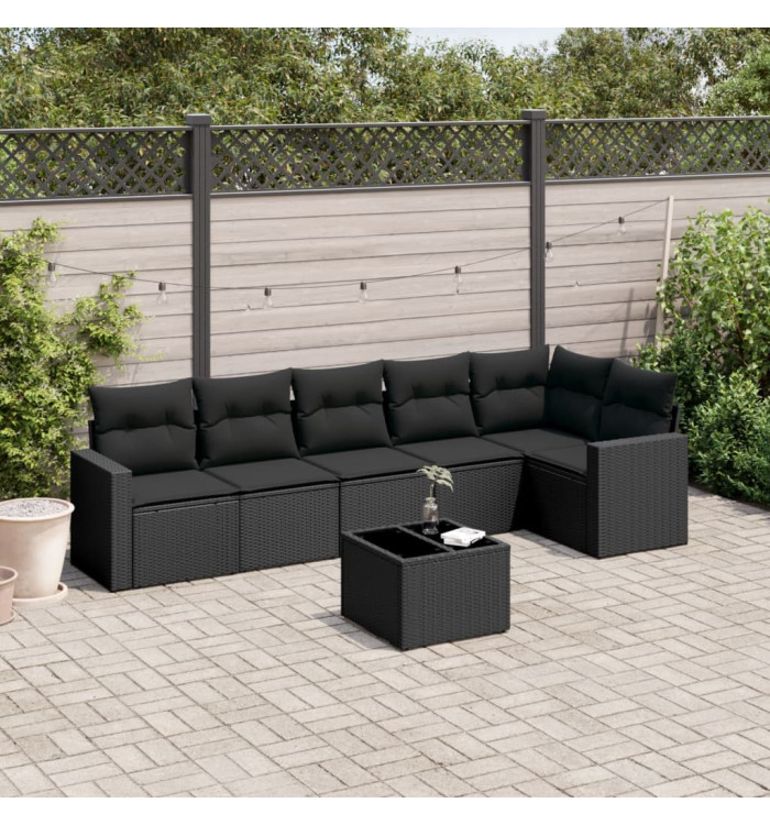 Salon de jardin 7 pcs avec coussins noir résine tressée | Mobilier & Déco