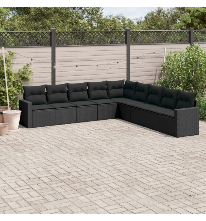 Salon de jardin 9 pcs avec coussins noir résine tressée | Mobilier & Déco