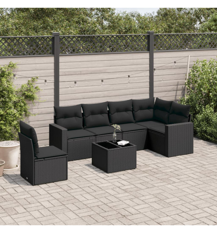 Salon de jardin 7 pcs avec coussins noir résine tressée | Mobilier & Déco