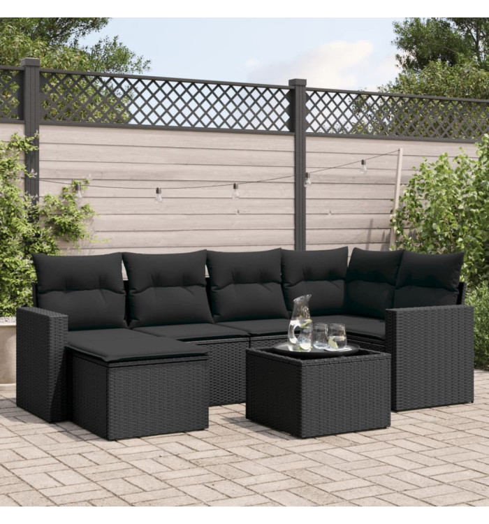 Salon de jardin 7 pcs avec coussins noir résine tressée | Mobilier & Déco