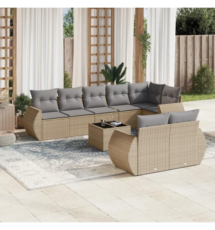 Salon de jardin avec coussins 9 pcs beige résine tressée | Mobilier & Déco