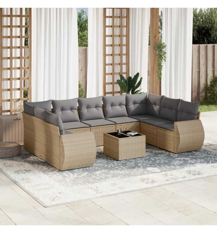 Salon de jardin avec coussins 10 pcs beige résine tressée | Mobilier & Déco