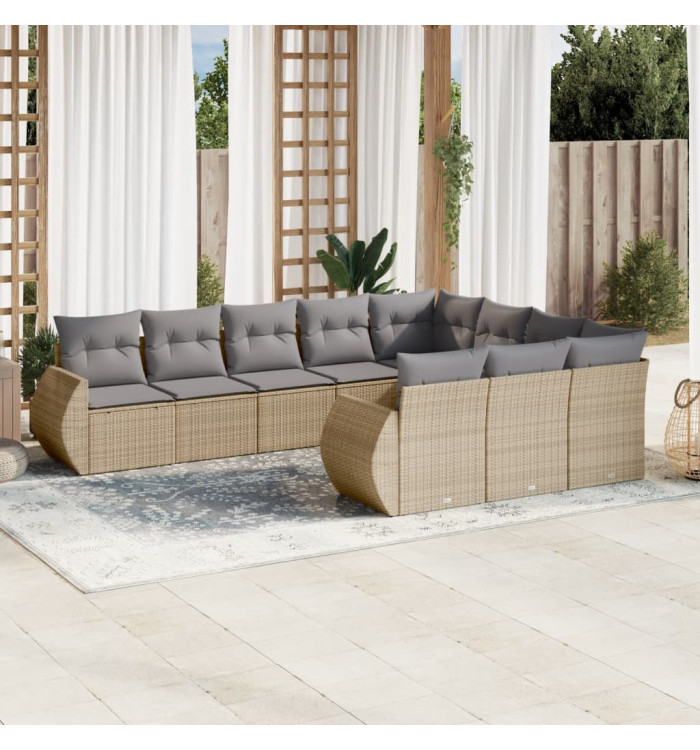 Salon de jardin avec coussins 10 pcs beige résine tressée | Mobilier & Déco