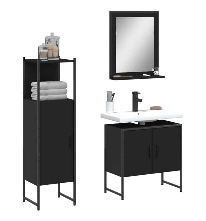 Ensemble d'armoires salle de bain 3 pcs noir bois d'ingénierie | Mobilier & Déco