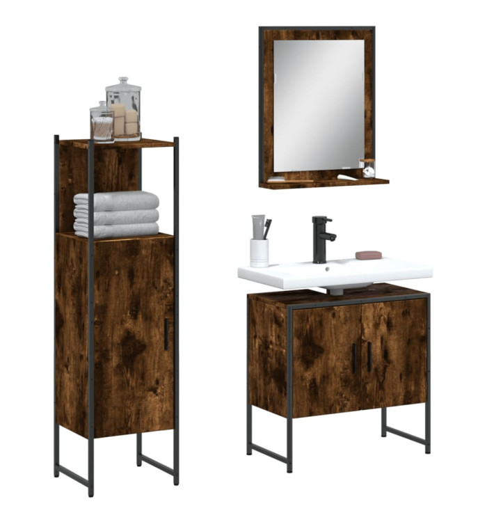 Ensemble d'armoires de salle de bain 3 pcs chêne fumé | Mobilier & Déco