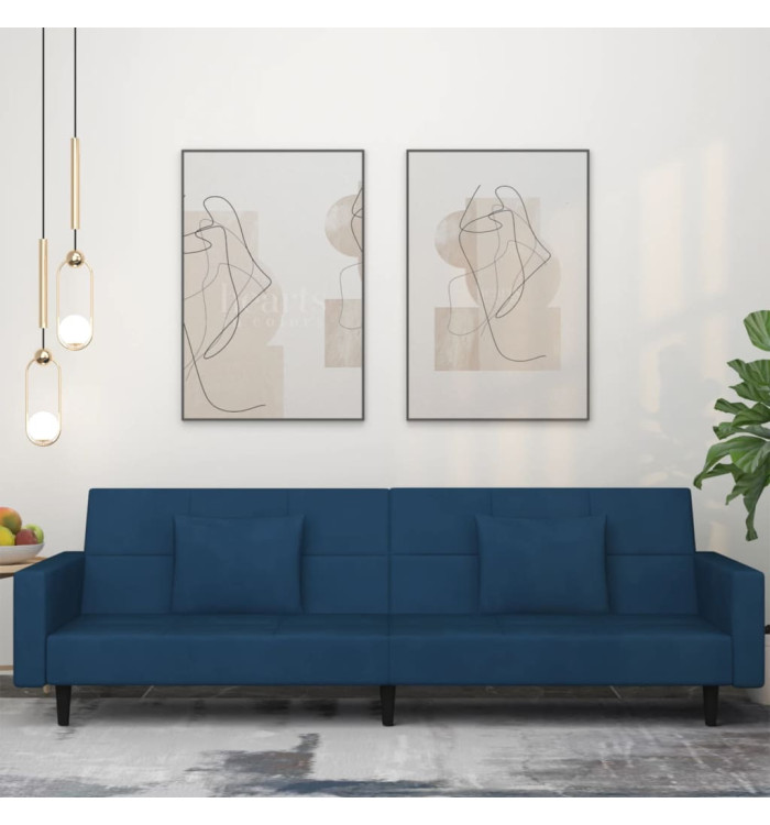 Canapé-lit à 2 places avec deux oreillers bleu velours | Mobilier & Déco