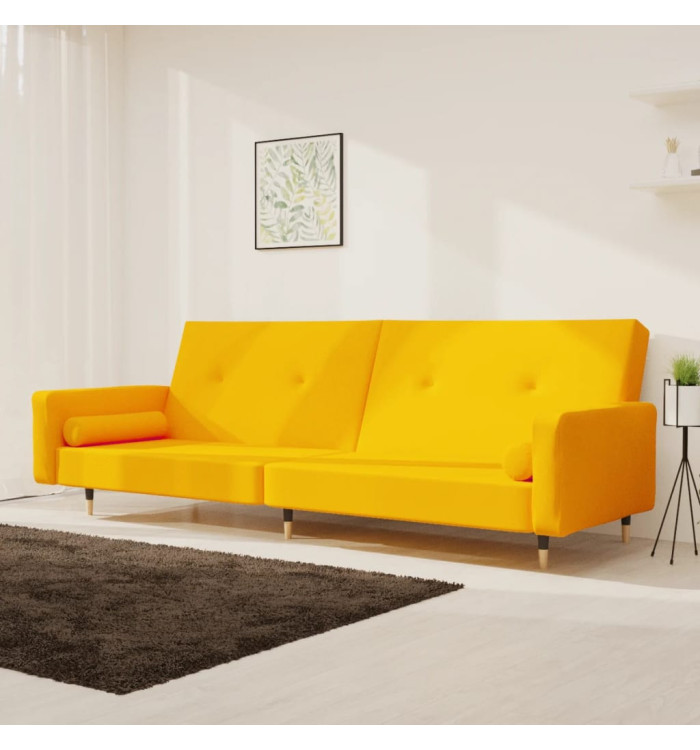 Canapé-lit à 2 places avec deux oreillers Jaune Velours | Mobilier & Déco