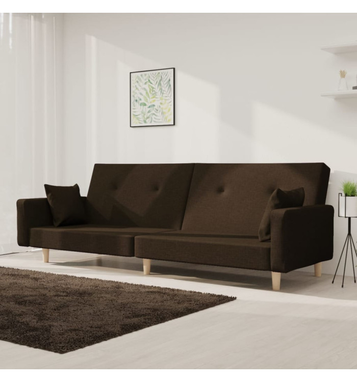 Canapé-lit à 2 places avec deux oreillers marron foncé tissu | Mobilier & Déco