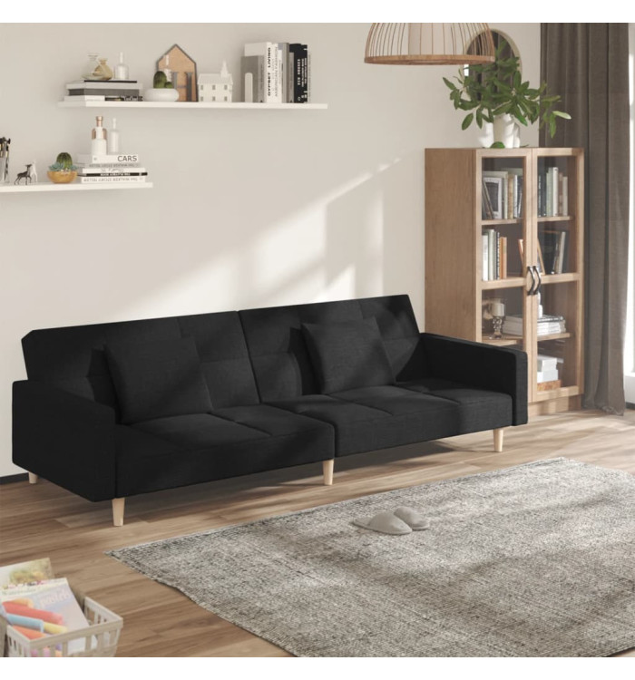 Canapé-lit à 2 places avec deux oreillers noir tissu | Mobilier & Déco