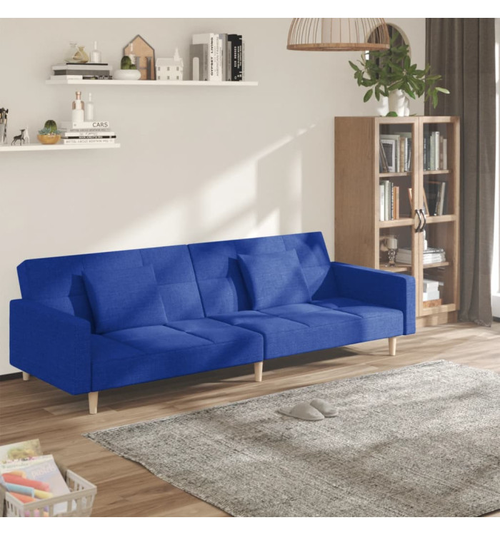Canapé-lit à 2 places avec deux oreillers bleu tissu | Mobilier & Déco