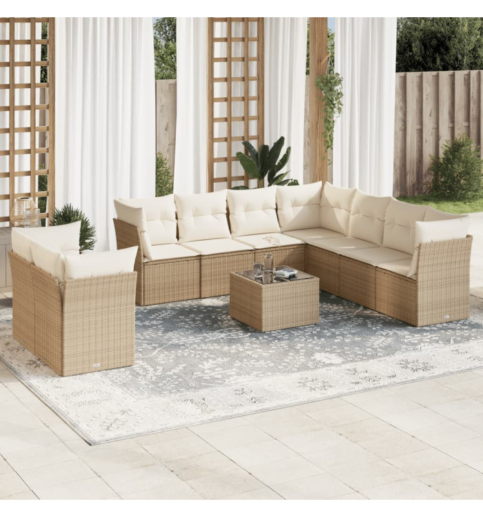 Salon de jardin avec coussins 10 pcs beige résine tressée | Mobilier & Déco
