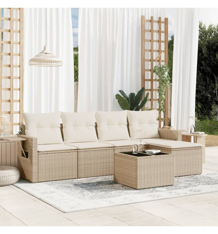 Salon de jardin avec coussins 6 pcs beige résine tressée | Mobilier & Déco