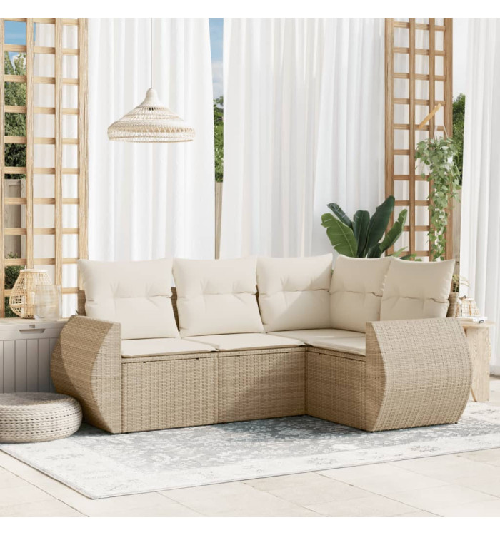 Salon de jardin avec coussins 4 pcs beige résine tressée | Mobilier & Déco