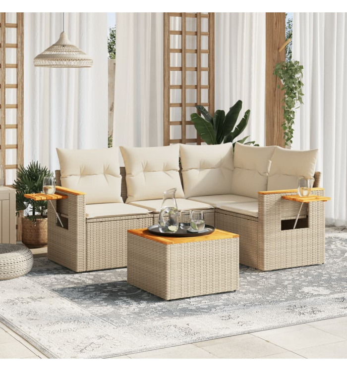 Salon de jardin avec coussins 5 pcs beige résine tressée | Mobilier & Déco