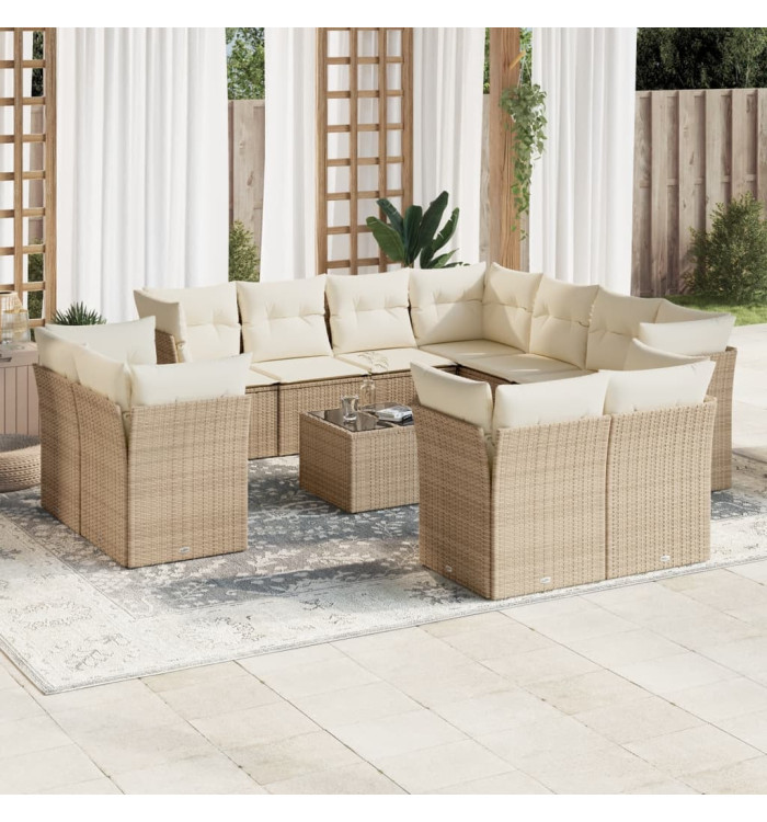 Salon de jardin avec coussins 12 pcs beige résine tressée | Mobilier & Déco