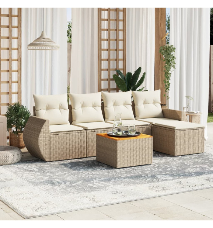 Salon de jardin avec coussins 6 pcs beige résine tressée | Mobilier & Déco