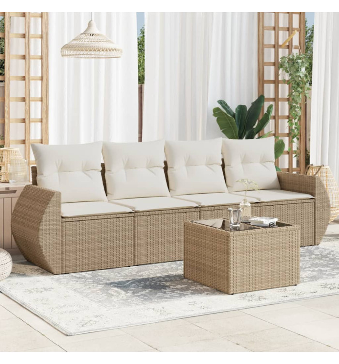 Salon de jardin avec coussins 5 pcs beige résine tressée | Mobilier & Déco
