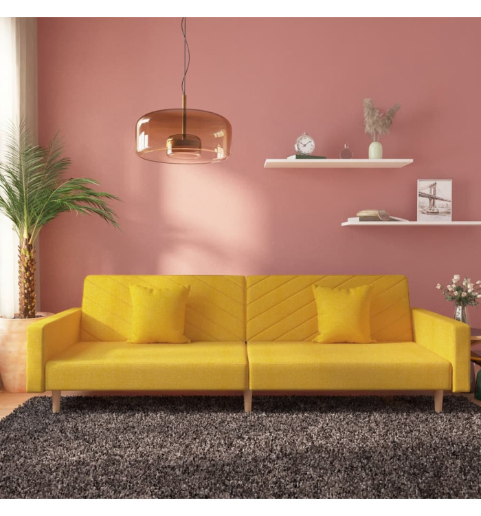 Canapé-lit à 2 places avec deux oreillers jaune tissu | Mobilier & Déco