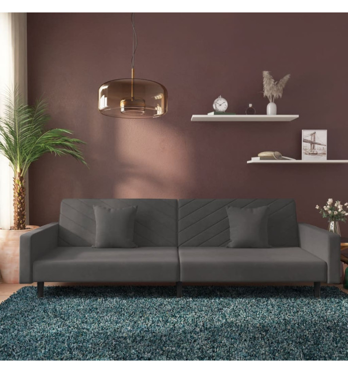 Canapé-lit à 2 places avec deux oreillers Gris foncé Velours | Mobilier & Déco