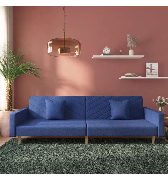 Canapé-lit à 2 places avec deux oreillers bleu tissu | Mobilier & Déco