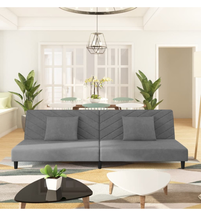 Canapé-lit à 2 places avec deux oreillers Gris clair Velours | Mobilier & Déco