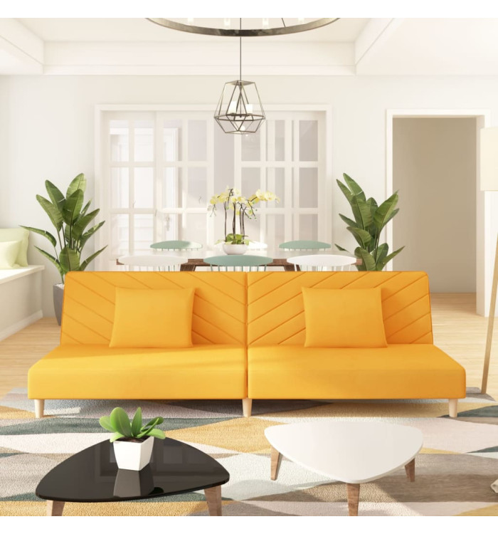 Canapé-lit à 2 places avec deux oreillers jaune tissu | Mobilier & Déco