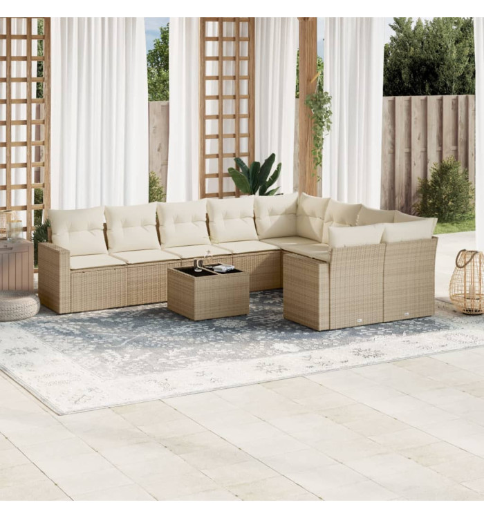 Salon de jardin avec coussins 10 pcs beige résine tressée | Mobilier & Déco