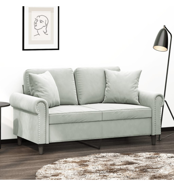 Canapé 2 places avec oreillers gris clair 120 cm velours | Mobilier & Déco