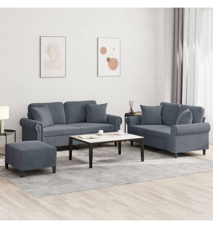 Ensemble de canapés 3 pcs avec coussins gris foncé velours | Mobilier & Déco