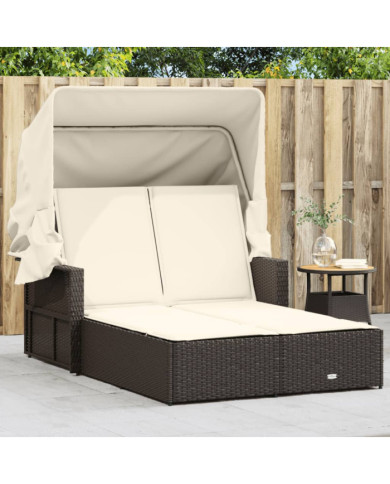 Chaise longue double avec auvent et coussins marron poly rotin | Mobilier & Déco