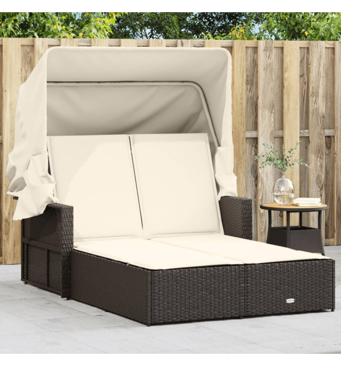 Chaise longue double avec auvent et coussins marron poly rotin | Mobilier & Déco